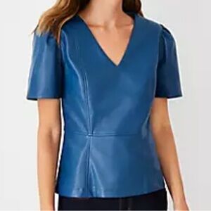 Ann Taylor Blue V-Neck Faux Leather Blouse